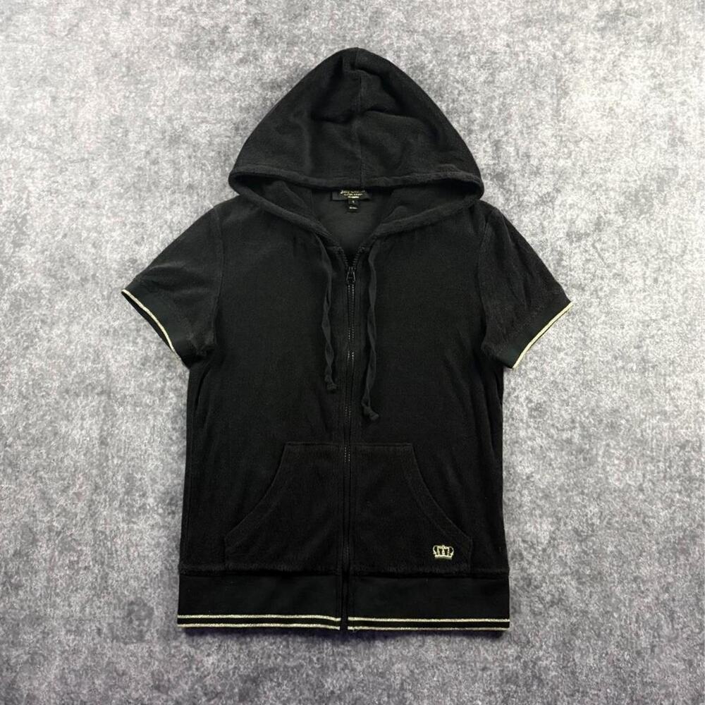 Juicy Couture Black Label Womens S Black Gold Terry Short Sleeve Zip Hoodie